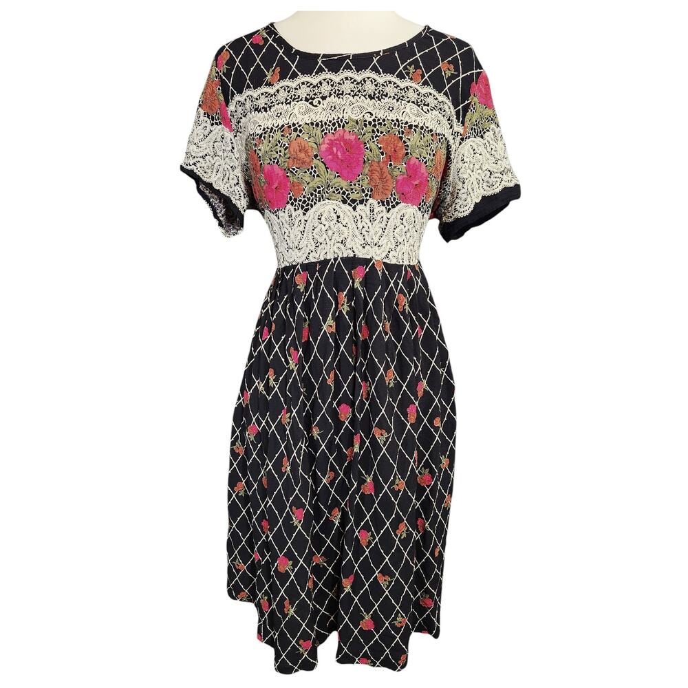 Vintage 90's Marie Clare Rose Print Rayon Tie Back Dress Sz Medium